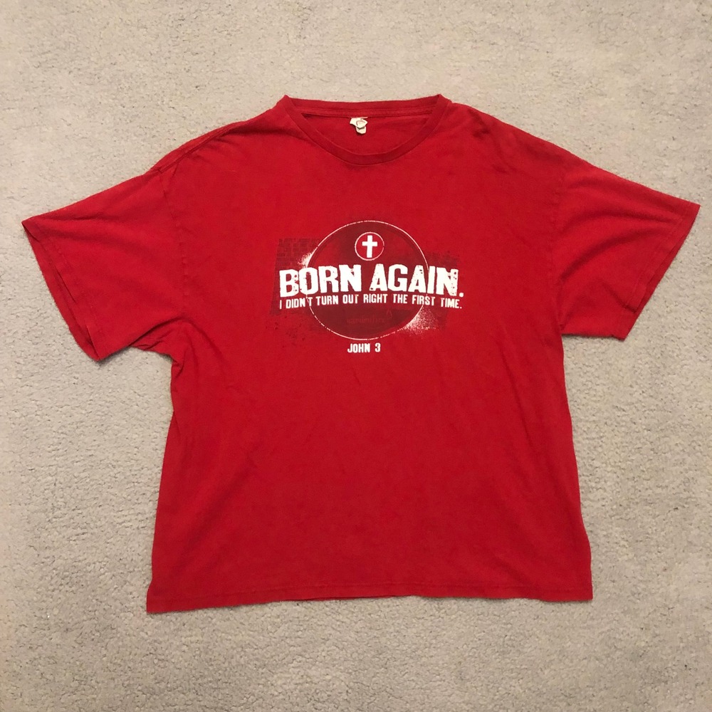 Vtg Y2K Born Again Christian Graphic T-Shirt Red Bible Verse John 3 Mens 2XL